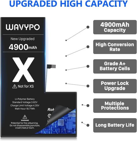 WAVYPO Battery for iPhone X, 4900mAh Upgraded High Capacity New Version 0 Cycle Battery Replacement for iPhone X Battery A1865, A1901, A1902 and Instruction (No Tools) in Kuwait