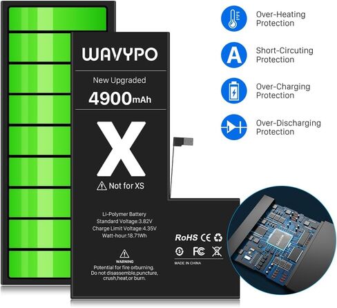 WAVYPO Battery for iPhone X, 4900mAh Upgraded High Capacity New Version 0 Cycle Battery Replacement for iPhone X Battery A1865, A1901, A1902 and Instruction (No Tools) in Kuwait