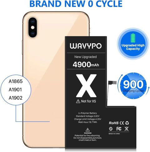 WAVYPO Battery for iPhone X, 4900mAh Upgraded High Capacity New Version 0 Cycle Battery Replacement for iPhone X Battery A1865, A1901, A1902 and Instruction (No Tools) in Kuwait