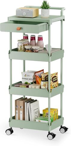 4-Tier Rolling Utility Cart with Drawer,Rolling Cart with Wheels and Table Top,Easy Assembly Organizer Storage Cart for Kitchen,Bathroom,Living Room,Office.（Black） in Saudi Arabia