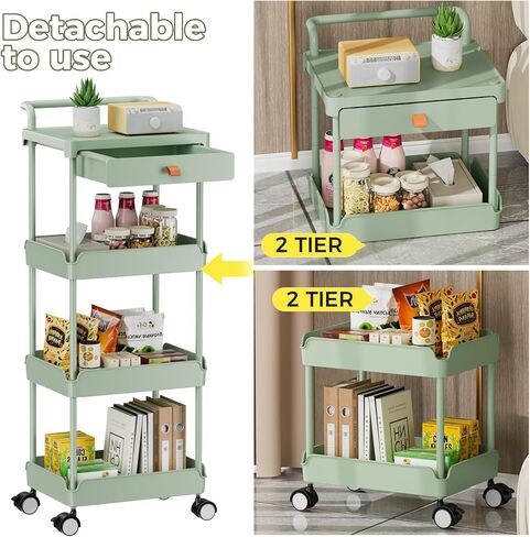 4-Tier Rolling Utility Cart with Drawer,Rolling Cart with Wheels and Table Top,Easy Assembly Organizer Storage Cart for Kitchen,Bathroom,Living Room,Office.（Black） in Saudi Arabia