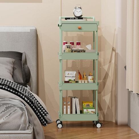 4-Tier Rolling Utility Cart with Drawer,Rolling Cart with Wheels and Table Top,Easy Assembly Organizer Storage Cart for Kitchen,Bathroom,Living Room,Office.（Black） in Saudi Arabia