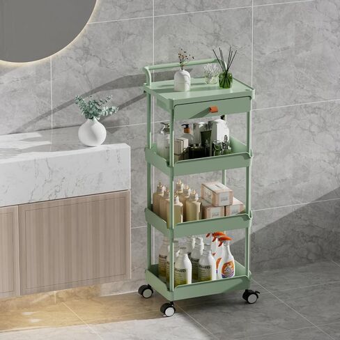 4-Tier Rolling Utility Cart with Drawer,Rolling Cart with Wheels and Table Top,Easy Assembly Organizer Storage Cart for Kitchen,Bathroom,Living Room,Office.（Black） in Saudi Arabia