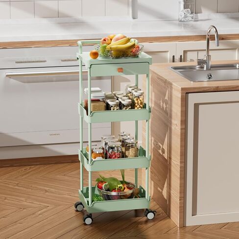 4-Tier Rolling Utility Cart with Drawer,Rolling Cart with Wheels and Table Top,Easy Assembly Organizer Storage Cart for Kitchen,Bathroom,Living Room,Office.（Black） in Saudi Arabia