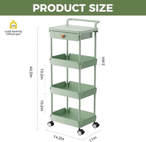 4-Tier Rolling Utility Cart with Drawer,Rolling Cart with Wheels and Table Top,Easy Assembly Organizer Storage Cart for Kitchen,Bathroom,Living Room,Office.（Black） in Saudi Arabia