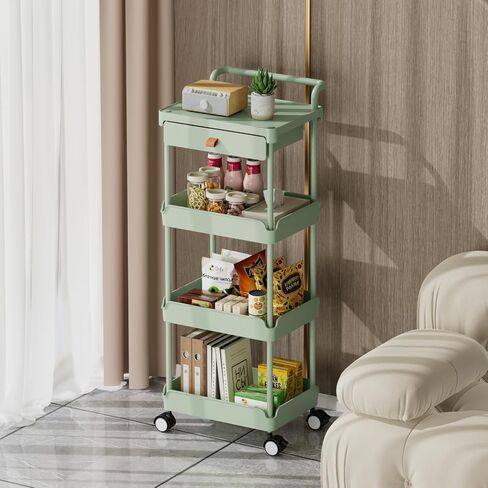 4-Tier Rolling Utility Cart with Drawer,Rolling Cart with Wheels and Table Top,Easy Assembly Organizer Storage Cart for Kitchen,Bathroom,Living Room,Office.（Black） in Saudi Arabia