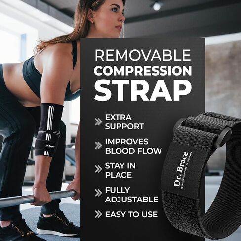 دكتور. دعم دعامة الكوع BRACE® ELITE، كم ضغط للكوع قابل للتنفس مع وسادة جل للاعبي الجولف ومرفق التنس وعلاج التهاب الأوتار وتخفيف الألم - مع غطاء ذراع قابل للإزالة للارتداء اليومي / رفع الأثقال / الرياضة (أسود، كبير) in Kuwait