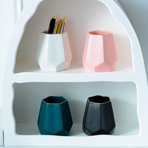 حامل أقلام سيراميك للمكتب، حامل أقلام رصاص على شكل هندسي لطيف، منظم مكتب لديكور المكتب، حامل فرشاة مكياج (أبيض) in Kuwait