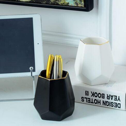 حامل أقلام سيراميك للمكتب، حامل أقلام رصاص على شكل هندسي لطيف، منظم مكتب لديكور المكتب، حامل فرشاة مكياج (أبيض) in Kuwait