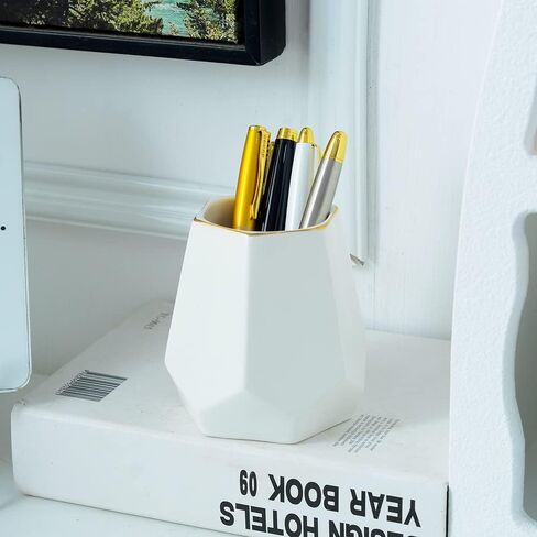 حامل أقلام سيراميك للمكتب، حامل أقلام رصاص على شكل هندسي لطيف، منظم مكتب لديكور المكتب، حامل فرشاة مكياج (أبيض) in Kuwait