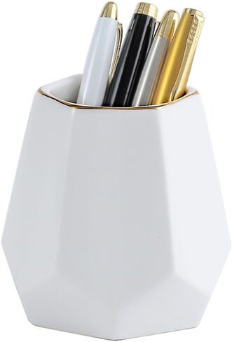 حامل أقلام سيراميك للمكتب، حامل أقلام رصاص على شكل هندسي لطيف، منظم مكتب لديكور المكتب، حامل فرشاة مكياج (أبيض) in Kuwait