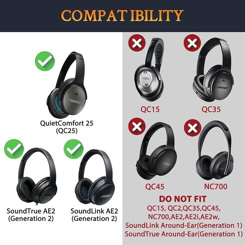 وسائد أذن SOULWIT + عصابة رأس + غطاء وسائد أذن من السيليكون، مجموعة بديلة لسماعات Bose QuietComfort 25(QC25)/SoundLink حول الأذن II(SoundLink AE2)/SoundTrue حول الأذن II(SoundTrue AE 2) - أسود in Kuwait