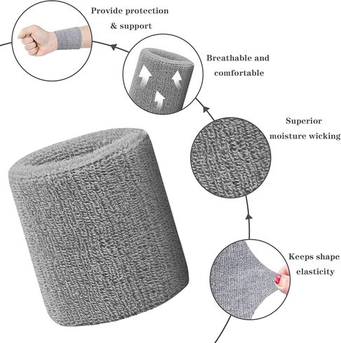 8 قطع من أربطة المعصم للتنس، أربطة معصم ماصة للرجال والنساء، عصابات رأس قطنية مسامية للتمرين، كرة القدم، كرة السلة، الجري الرياضي - أسود ورمادي in Kuwait