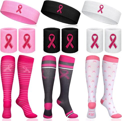 9 مجموعة من الجوارب الوردية للتوعية بسرطان الثدي، مجموعة من 6 أزواج من الجوارب الرياضية الوردية وعصابات المعصم و3 قطع عصابة رأس للشباب والنساء والرجال والأولاد والبنات والأطفال البيسبول والكرة اللينة in Kuwait