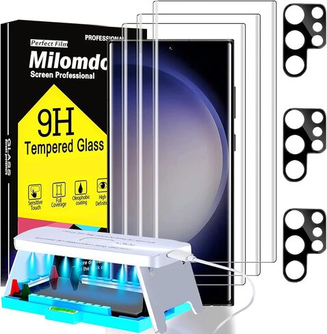 Milomdoi [3 + 3 Pack] واقي شاشة UV لهاتف Samsung Galaxy S23 Ultra ملحقات من الزجاج المقسى 3 عبوات واقي شاشة samsung galaxy S23 Ultra 5G 3 عبوات واقيات عدسات الكاميرا تناسب بصمة الإصبع in Saudi Arabia
