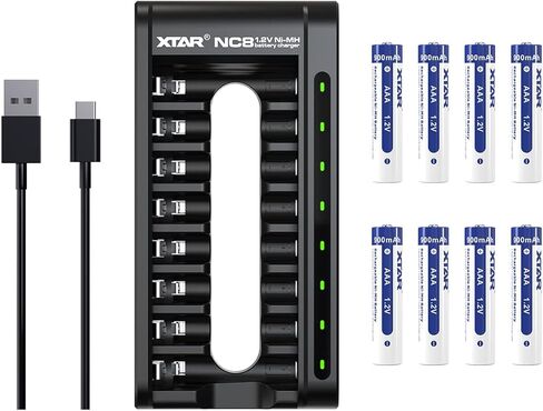 XTAR 8 حزمة 1.2 فولت بطارية AAA مع شاحن 900 مللي أمبير بطارية AAA USB C 8 فتحات شاحن قابلة للشحن 1.2 فولت Ni-MH AA/AAA بطاريات (NC8 + 8 قطعة 1.2 فولت AAA) in Kuwait
