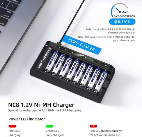 XTAR 8 حزمة 1.2 فولت بطارية AAA مع شاحن 900 مللي أمبير بطارية AAA USB C 8 فتحات شاحن قابلة للشحن 1.2 فولت Ni-MH AA/AAA بطاريات (NC8 + 8 قطعة 1.2 فولت AAA) in Kuwait