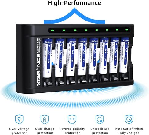 XTAR 8 حزمة 1.2 فولت بطارية AAA مع شاحن 900 مللي أمبير بطارية AAA USB C 8 فتحات شاحن قابلة للشحن 1.2 فولت Ni-MH AA/AAA بطاريات (NC8 + 8 قطعة 1.2 فولت AAA) in Kuwait