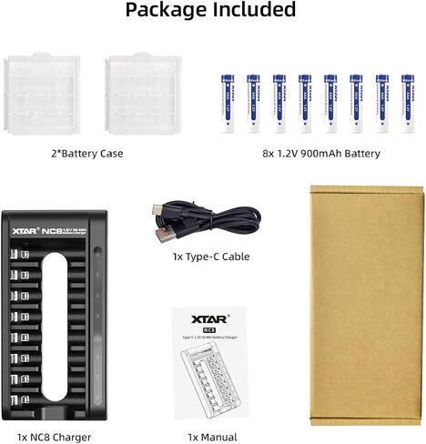 XTAR 8 حزمة 1.2 فولت بطارية AAA مع شاحن 900 مللي أمبير بطارية AAA USB C 8 فتحات شاحن قابلة للشحن 1.2 فولت Ni-MH AA/AAA بطاريات (NC8 + 8 قطعة 1.2 فولت AAA) in Kuwait