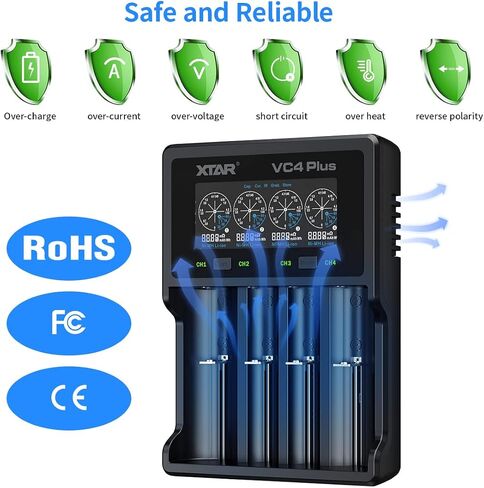 XTAR VC4 PLUS Battery Charger - USB C Charger - Customizable Charging Current - Battery Capacity Test & Recovery - Multiple Protection - Compatible with Li-ion, Ni-MH - Rechargeable Battery Charger in Saudi Arabia