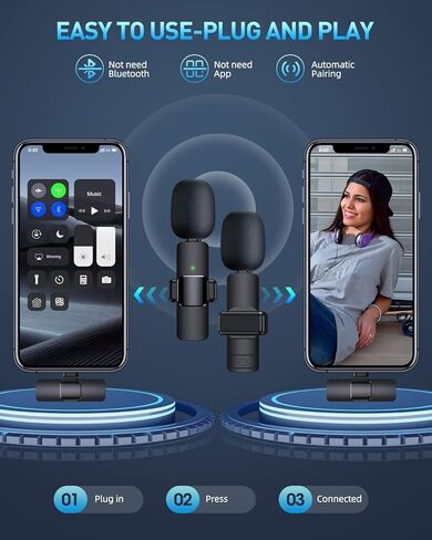 ميكروفون Lavalier لاسلكي ذو درجة احترافية وواضح للغاية لهاتف iPhone وUSB من النوع C Android - ميكروفون صغير متعدد الاتجاهات لتسجيل الفيديو على YouTube Livestream TikTok (Lightning) in Kuwait