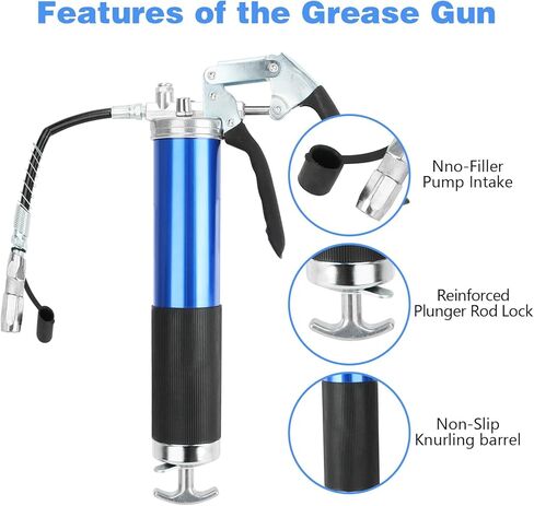 مجموعة مسدسات الشحوم ذات قبضة مسدس شديدة التحمل YOTINO 6000-7000PSI، سعة تحميل 14 أونصة مع خرطوم مرن زنبركي 18 بوصة، 1 وصلة قفل، 1 وصلة معززة، 1 فوهة من النوع الحاد، 2 أنبوب صلب تمديد in Kuwait