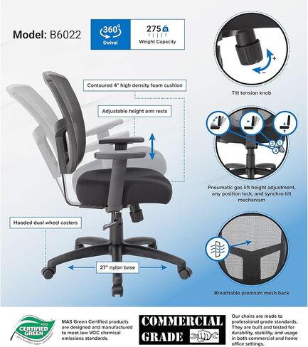 كرسي المهام التعاقدي من Boss Office Products (BOSXK) مزود بآلية الإمالة المتزامنة، باللون الأسود in Kuwait