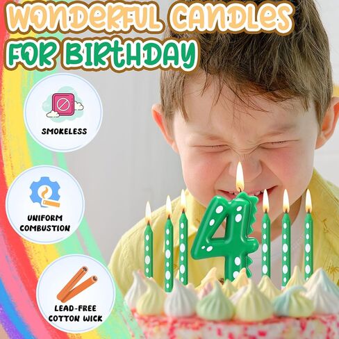 11 Pcs Green Number 4 Dinosaur Birthday Candles Set for Boy Birthday Cake Supplies Decoration Dinosaur Party Dino Theme Birthday Number Candle Cake Topper Decorations in Saudi Arabia