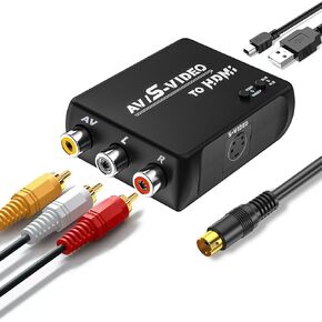 RCA S Video to HDMI Converter, AV to HDMI Converter with RCA+S-Video +USB Cable for TV/PC/N64/MD1/PS1/PS2/PS3/STB/Xbox/VHS/VCR/Blu-ray DVD Player.