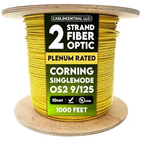 Plenum 2 Strand Indoor Distribution Fiber Optic Cable, OS2 9/125 Singlemode, Corning, Yellow, Spool, 1000 Feet