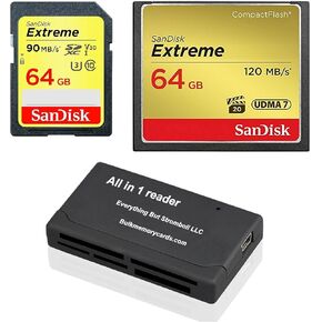 SanDisk CompactFlash Extreme 64GB CF Memory Card (SDCFXSB-064G-G46) and 64GB SDHC Extreme (SDSDXVE-064G-GNCIN) for Canon 5D Mark III, 1D Mark IV Cameras Bundle with Everything But Stromboli Reader