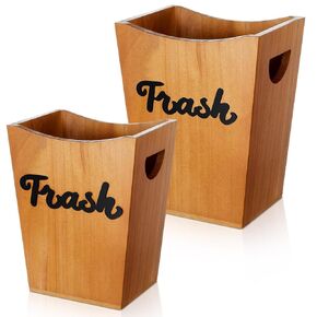 2 Pcs Farmhouse Bathroom Wood Trash Can, 2 Sizes Rustic Square Wastebasket Bin with Convenient Handle for Bathroom, Kitchen, Bedroom, Office(Dark Brown)