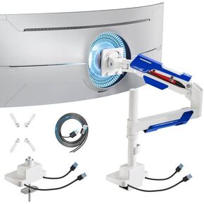 ARES WING Single Monitor Mount with USB, Ultrawide Monitor Arm for 24 to 57 Inch Heavy Duty Curved Screen, Adjustable Gas Spring Monitors Arm Stand up to 66LBS with 75/100/200 Vesa Mount, Black