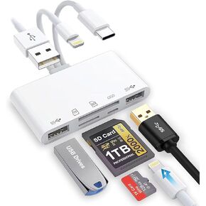 SD Card Reader for iPhone/iPad, 5-in-1 Universal Memory Card Reader for SD/TF Card/USB Drive, USB-C/Lightning/USB Connector Compatible with iPhone 16/iPad Pro/Galaxy/MacBook/Dell etc.