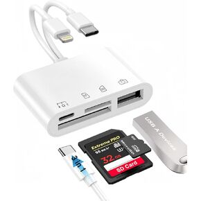 USB C & Lightning SD Card Reader Dual Ports 4-in-1 Memory Card Adapter for iPhone/Android with USB Female OTG Port Supports SD/TF Cards Camera Adapter Portable Design & Fast Charging Function