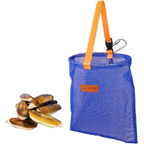 Clam Bag with Carabiner – Heavy-Duty Clam Net with Coated Mesh and Steel Ring – For Razor Clams, Clamming & Surf Fishing – Handheld or Belt Carry