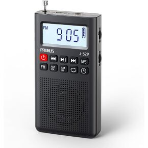 2025 PRUNUS J-329 Mini Portable Pocket AM FM Radio MP3 Small Radio with Sleep Timer, SD Card Player, Large Screen, Rechargeable Battery Operated for Running Walking,Travel