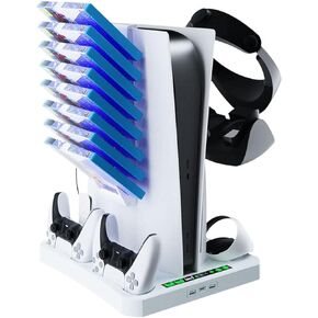 For PS VR2 / PS5 Multifunctional Controller Charging Station with LED, Multifunctional Cooling Base, Dual Charger Docking Station for PS VR2 with Headset Holder (White, PS VR2 / PS5) HBP-6478