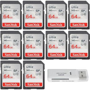 Sandisk 64GB (10 Pack) Ultra SDXC UHS-I CLASS 10 CARDALTE 140MB/S U1 ، Full HD ، SD CAMPY SDSDUNB-064G (10 PACK) مع (1) GORAM USB 3.0 CARD CARDER (64GB)
