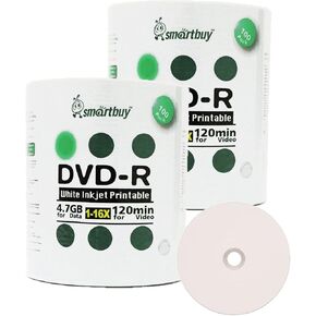 Smart Buy 200 Pack DVD-R 4.7gb 16x White Printable Inkjet Blank Media Record Disc, 200 Disc 200pk