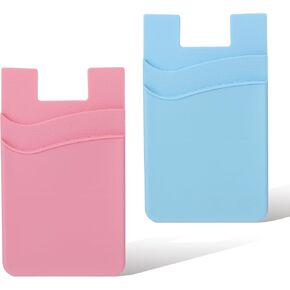 2 PCS Phone Wallet Stick on, Credit Card Holder for Back of Phone Case Strong Adhesive Sticker on Great Storage Compatible for Most Smartphones(Blue, Pink)