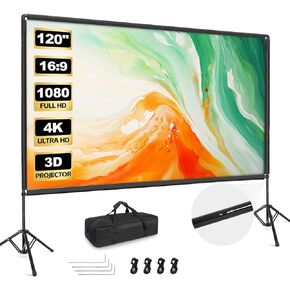 Outdoor Projector Screen with Stand, 120 inch Portable Projector Screen Stand with Elastic Rope Bar, Indoor 16:9 4K HD Wrinkle-Free Front Rear Projection Screen with Carry Bag for Movie Night Camping