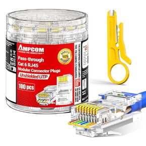 AMPCOM 100-Pack CAT6 RJ45 Pass Through Connectors, Gold-Plated Ethernet Plugs for Solid/Stranded 23-26AWG UTP Ethernet Cables