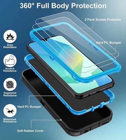 for Samsung Galaxy A16 5G Case,with 2 Screen Protector Heavy Duty Protection,Full Body Rugged Shockproof Protective Phone Cover for Samsung Galaxy A16 5G (Black Blue with 2 Screen Protector) in Saudi Arabia