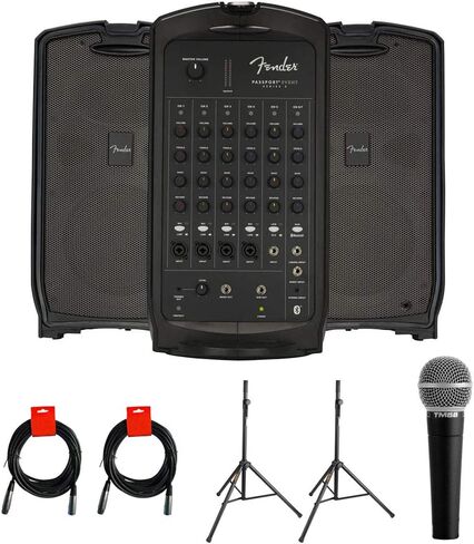 نظام PA المحمول من Fender Passport Venue Series 2 مع ميكروفون صوتي وحامل مكبر صوت 2X وحزمة كابل 2X XLR-XLR in Kuwait