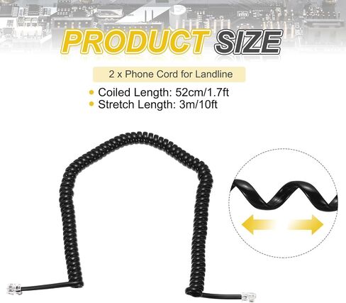 MECCANIXITY 2 Pack Phone Cord for Landline, 10ft Uncoiled/1.7ft Coiled RJ9 4P4C Telephone Handset Cord No Tangle Coiled Phone Cable, Black in Kuwait