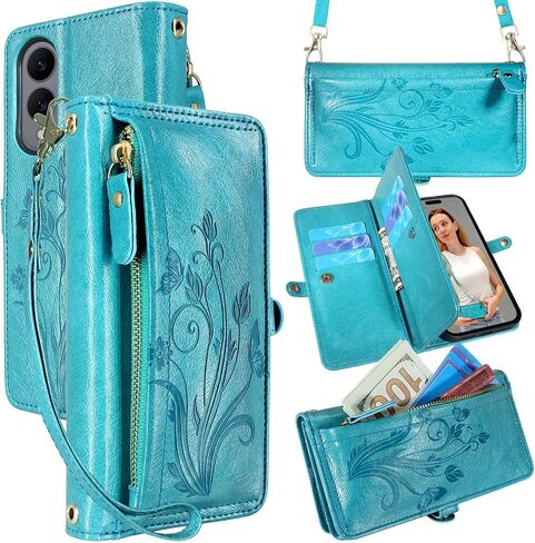 Lacass for Samsung Galaxy S25 Edge Case Wallet ، [Cards Scan Scan Protection] Card Zipper Leather Flip Cover Cover Crossbody with Stand (Gloral Cyan Green) in Saudi Arabia