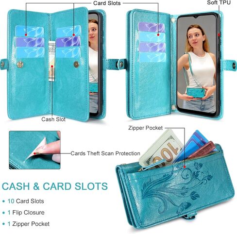 Lacass for Samsung Galaxy S25 Edge Case Wallet ، [Cards Scan Scan Protection] Card Zipper Leather Flip Cover Cover Crossbody with Stand (Gloral Cyan Green) in Saudi Arabia