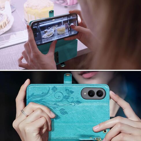 Lacass for Samsung Galaxy S25 Edge Case Wallet ، [Cards Scan Scan Protection] Card Zipper Leather Flip Cover Cover Crossbody with Stand (Gloral Cyan Green) in Saudi Arabia