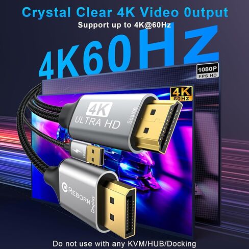Active HDMI to DisplayPort Cable (4K 60Hz,1080p@120Hz) 6FT Uni-Directional HDMI Source to DP Monitor Adapter Display Port Cord Compatible with PC,Laptop,AMD,NVIDIA,PS5,Xbox in Kuwait